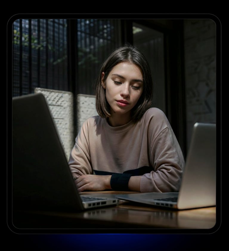 Frau arbeitet konzentriert am Laptop